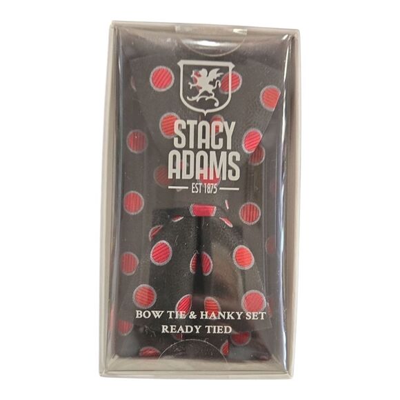 STACY ADAMS BLACK RED GRAY POLKA DOT FASHION BOXED BOW TIE & POCKET SQUARE SET. - Picture 4 of 5